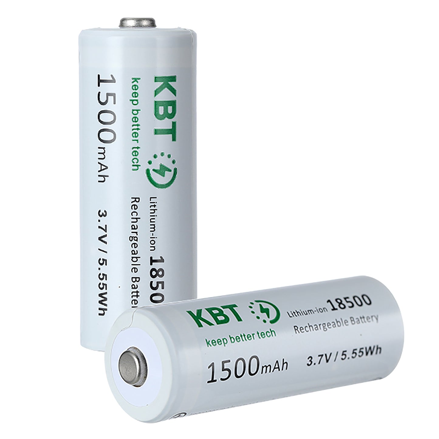 KBT 3.7V 1500mAh 18500 Rechargeable Battery, Button Top - 2pack