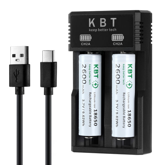 KBT 3.7V 2600mAh 18650 Rechargeable Battery with 2 Slot Charger, Button Top - 2pack