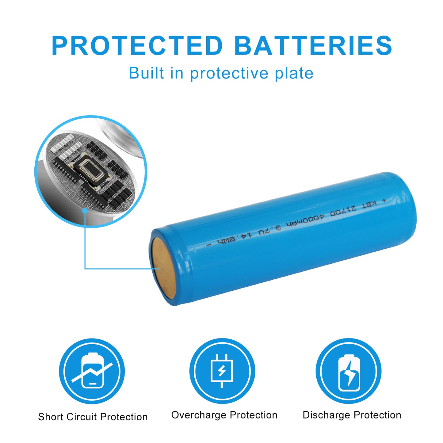 KBT Protected 21700 Rechargeable Battery, 3.7V 4000mAh, Button Top, with Protection PCB- 2 Pack