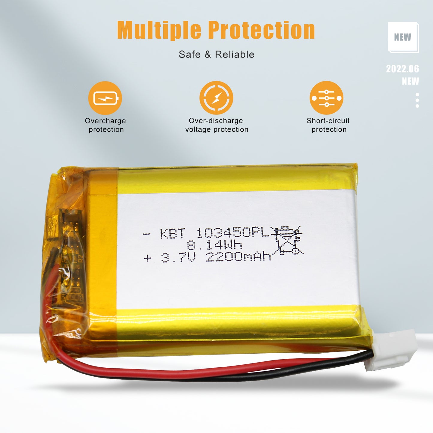 KBT 103450PL 3.7V 2200mAh Li-Polymer Rechargeable Battery with 2Pin 2 ...