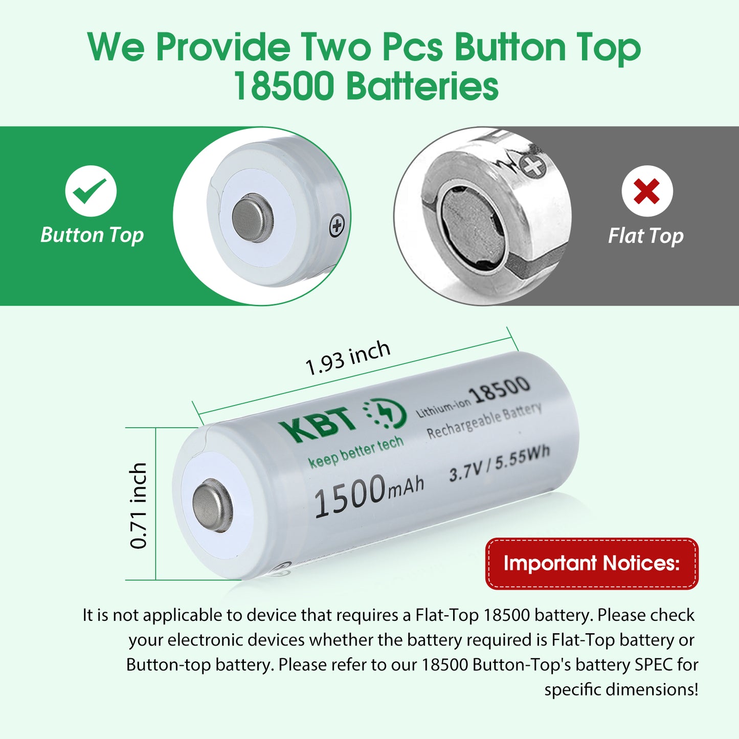 KBT 3.7V 1500mAh 18500 Rechargeable Battery, Button Top - 2pack