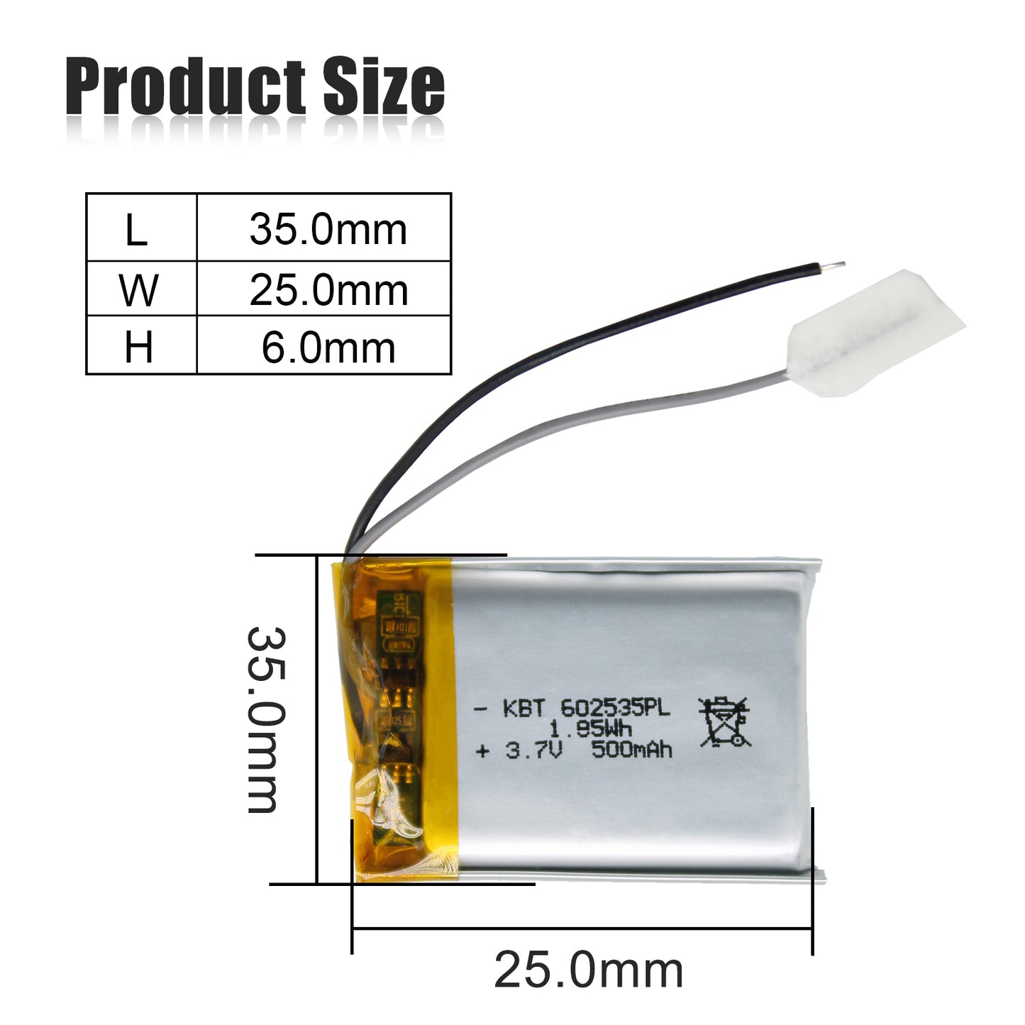 KBT 602535PL 3.7V 500mAh Li-Polymer Rechargeable Battery