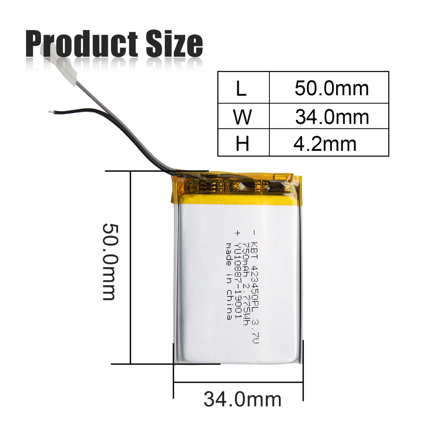 KBT 423450PL 3.7V 750mAh Li-Polymer Rechargeable Battery