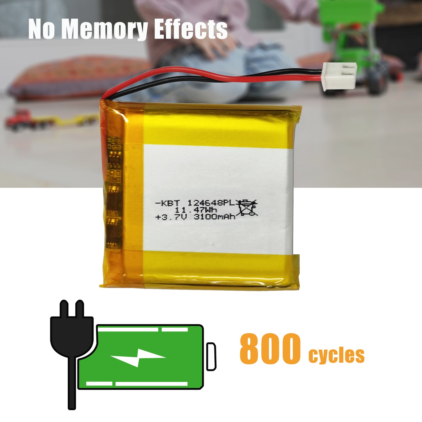 KBT 124648PL 3.7V 3100mAh Li-Polymer Rechargeable Battery with 2Pin 2.54 JST Connector