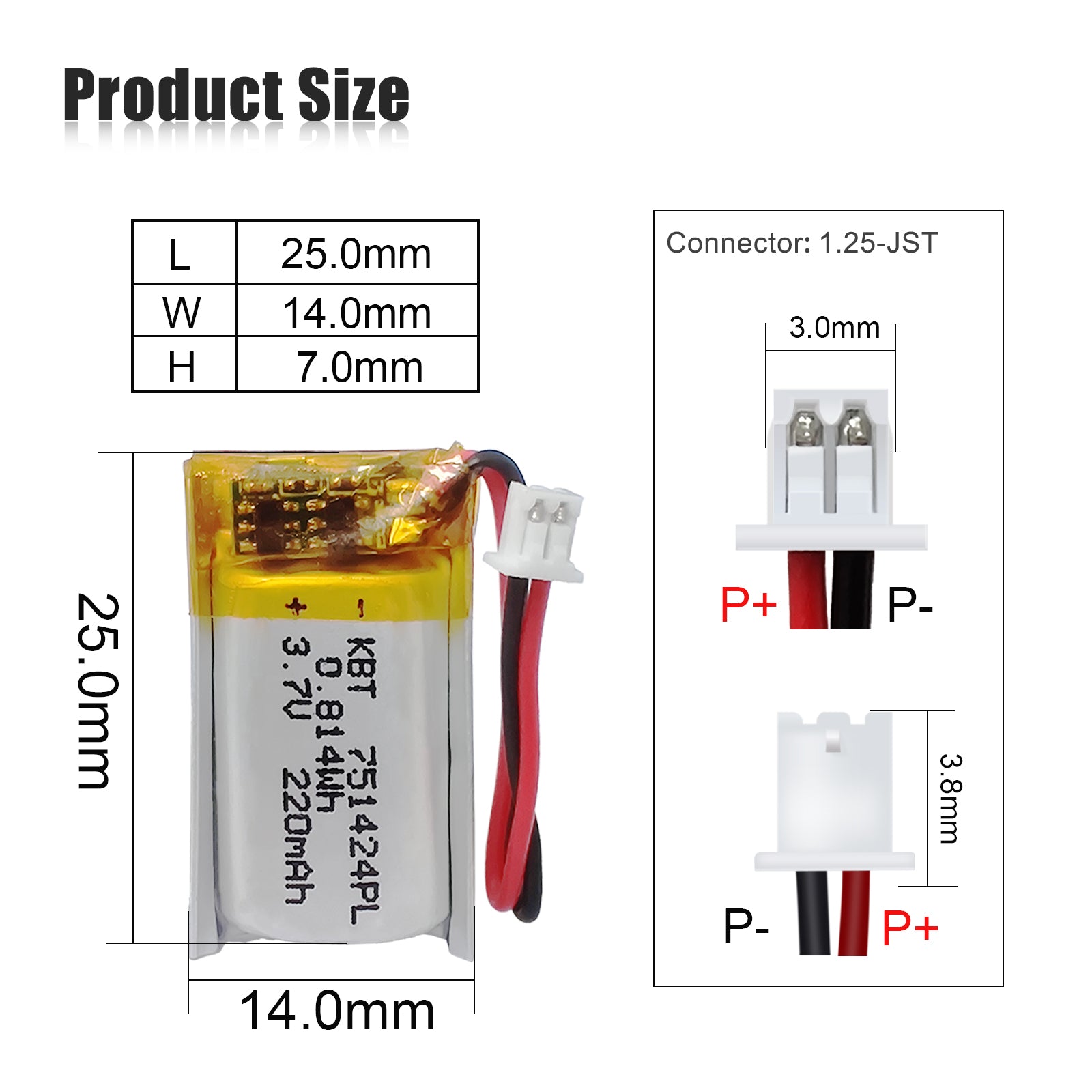 KBT 751424PL 3.7V 220mAh Li-Polymer Rechargeable Battery with 2Pin 1.25 JST  Connector - 2Pack