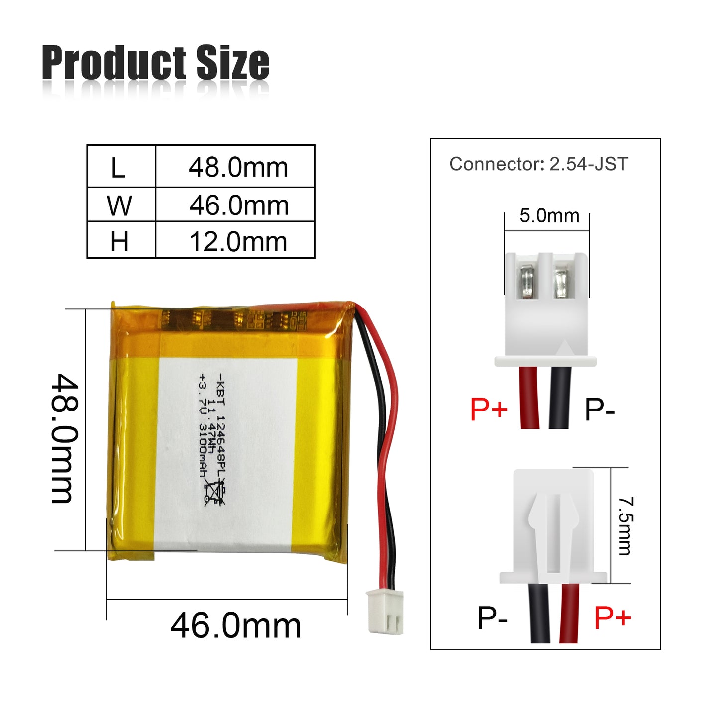 KBT 124648PL 3.7V 3100mAh Li-Polymer Rechargeable Battery with 2Pin 2.54 JST Connector